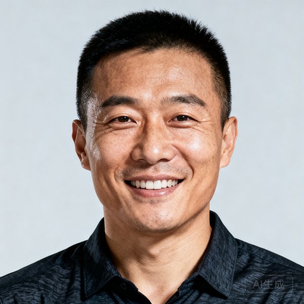 一位35岁左右的中国男性体育爱好者，短发，穿着深色休闲衬衫，面带微笑，背景为浅灰色